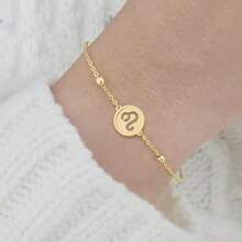 1pc Simple Classic Round Hollow Zodiac Golden Stainless Steel Bead Chain Bracelet For Women