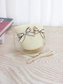 1 pieza Bolso de paja cruzado con lazo estilo princesa lindo para niñas, atuendo de princesa para usar en la playa y el día a día
