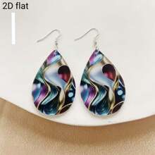 2D Flat Design. A Pair Of Teardrop - Shaped Earrings With Bohemian - Style Colorful Wavy Patterns And Blue - And - White Porcelain Patterns, Incorporating Elements Of Oil Paintings. Suitable For Parties And Music - Themed Occasions.