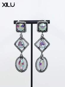 1 par de pendientes con colgante geométrico de colores múltiples con estilo vintage europeo para mujeres