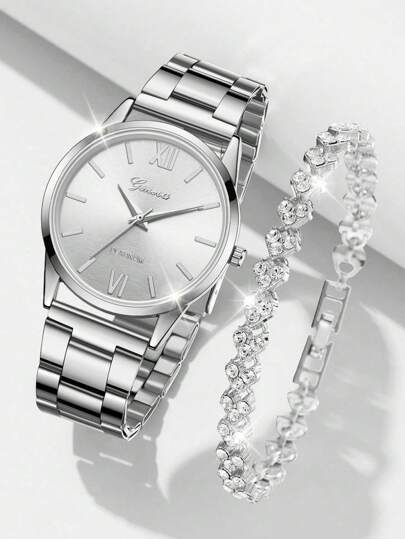 Zilver Alloy Strap Horloge Set Versatile Quartz Bracelet Clothing Matching Or Holiday