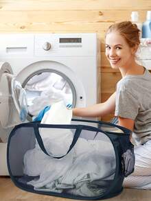 1pc New Foldable Laundry Basket, Large Capacity Storage Laundry Basket, Bathroom Storage Basket. Durable Collapsible Laundry Baskets, Mesh Pop Up Laundry Hamper With Side Pocket, Laundry Hamper, Washing Basket Bathroom Organizer, Basket, Storage Basket, Foldable Laundry Basket