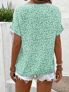 大码女式优雅碎花短袖纽扣前上衣，舒适休闲衬衫/T 恤，春夏秋季 - 綠色 - 查看 3