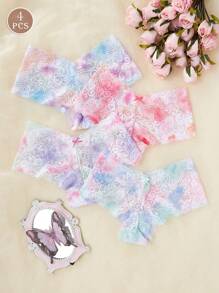 4 Pcs Sexy Lace Tie Dye Color Women's Underwear, Hipster Triangle Panties
