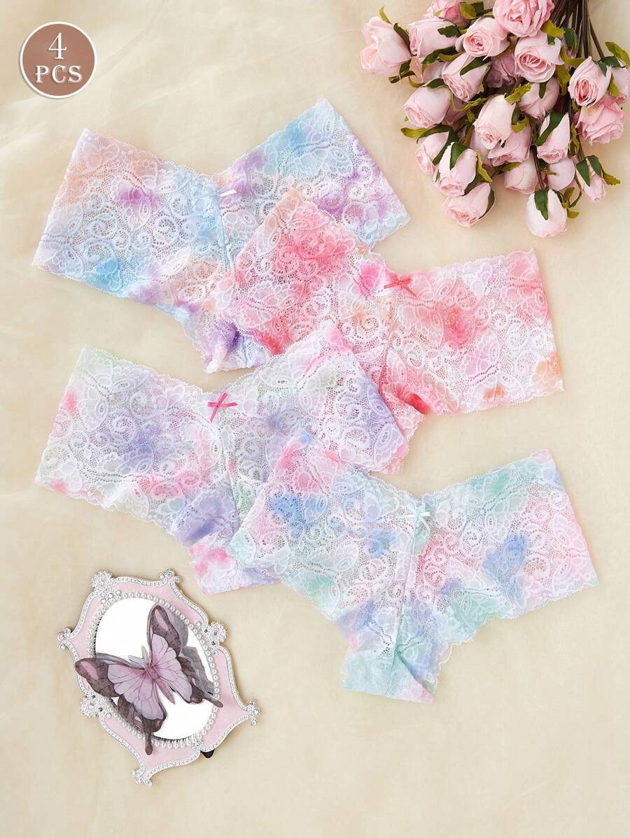 4 Pcs Sexy Lace Tie Dye Color Women's Underwear, Hipster Triangle Panties