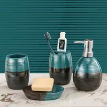4-Piece  Ceramic Bathroom Accessories Set, Two-Color Matching Design Bathroom Accessories Set, Complete With Lotion Dispenser/Soap Pump, Soap Tray, Cup And Toothbrush Holder - Blue Black - View 4