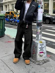 Men's Light Blue Washed Vintage Streetwear Loose Fit Straight Leg Jeans - 黑色 - 查看 3