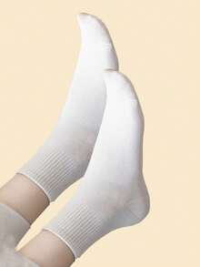 12 Pairs Women's Daily Casual Versatile Solid Color Vertical Ribbed Moisture Wicking Mid-Calf Socks - White - View 3