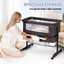 3-In-1 Baby Crib, Baby Bed,Baby Bassinet,Boasting Effortless Smooth-Gliding Wheels, Height-Adjustable Frame, Gentle Rocking Motion, Breathable Mesh Panels For Optimal Airflow,Bedside Bed For Babies,Essential Goodies For Growing Kids, Baby Need,Baby Stuff, Essential For New Mothers,Newborn Gift,Baby Christmas Gift - Màu xám đen - Xem 9