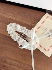 2 件套仿珍珠蝴蝶结和蕾丝波浪发夹，可爱侧刘海发夹发饰，学校用品，优雅，学院风，珍珠发饰 - 彩色 - 查看 3