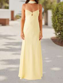 Women Long Dress Solid Color Cami Dress Summer Fashion Sleeveless Spaghetti Strap Dress - 黃色 - 查看 5