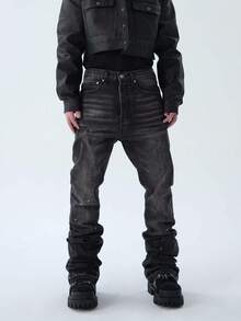 Straight Leg Flared Jeans, Fashionable Washed Denim Jeans, Cotton Slant Pocket Pants - Black - View 3