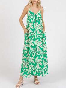Womens Casual Hawaiian Chic Tropical Floral Print Spaghetti Strap Maxi Dress Loose Fit V Neck Green White Large Leaf Pattern Summer Beach Vacation Resort Wear Flowy A Line Sundress - 凱莉.格林 - 查看 2