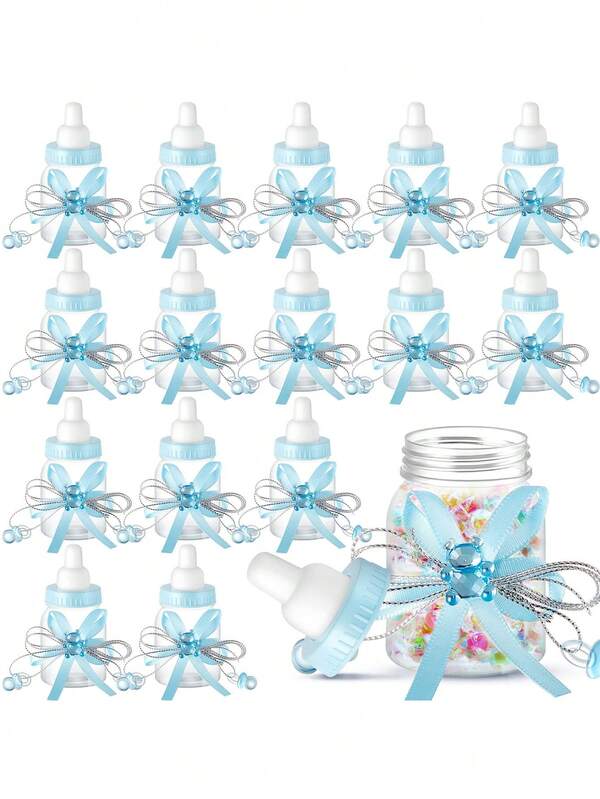 12 Stücke - Baby Dusche Fläschchen, Mini Milch Fläschchen aus Kunststoff mit Bärchen, Bonbon Fläschchen mit Schleife, Baby Dusche Hochzeit Gastgeschenke, Baby Taufe Geschlechts Enthüllungs Party Dekoration