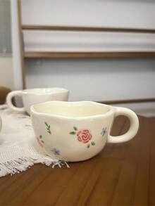 1pc Ins Style Hand-Painted Floral Ceramic Cup, Irregularly Shaped Manual Pinched Coffee Mug - Multicolor - View 3