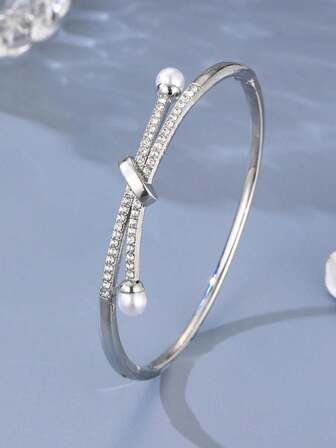 1pc Glamorous Zinc Alloy Rhinestone & Faux Pearl Decor Bangle For Women For Gift