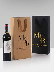 Customizable Red Wine Paper Bag, Single/Double Wine Bottle Bag, Fashionable And Practical Gift Choice. Can Print Custom Letters, Patterns, Photos To Meet Various Occasions Like Weddings, Anniversaries, Gifts. High Capacity Up To 4kg, Decorative Elements For Different Aesthetics And Gifting Styles - Black - View 2