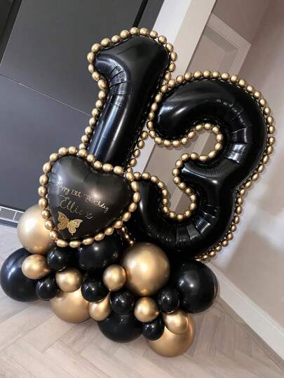 43pcs Black Number Column Balloon Set, Includes 32 Inch (81.28cm) Black Number Foil Balloons, Black & Metallic Gold Round Latex Balloons, Suitable For Anniversary, Birthday Decorations, Brides, Wedding Decor, Graduation, Festivals, Party Decor