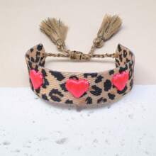 1 buc. Brățară împletită cu imprimeu de leopard, lucrată manual, cu broderie 3D cu inimă, mărime reglabilă, la modă pentru femei, potrivită pentru festivaluri, petreceri, călătorii și purtare de zi cu zi