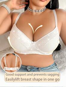 Plus Size Women's Bra With Rhinestone Design, Soft & Comfortable, Underwired Bra - White - View 4