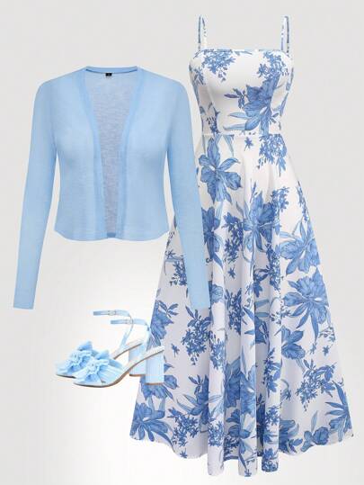 Women's Camisole Print Dress With Waist Gathered Skirt And Knit Cardigan Set, Bohemian Print