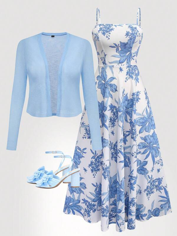 Women's Camisole Print Dress With Waist Gathered Skirt And Knit Cardigan Set, Bohemian Print