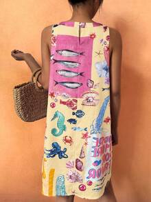 海星热带沙丁鱼海洋世界字母印花休闲沙滩连衣裙，春夏时尚度假装 - 杏色 - 查看 4