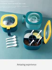 1 Set Caja organizadora de especias de 4 en 1 de gran capacidad con tapas y cucharas, excelente para la organización de la cocina del hogar, salero, frascos de especias, almacenamiento de condimentos, artículos esenciales de cocina, imprescindible para apartamentos - Multicolor - Ver 8