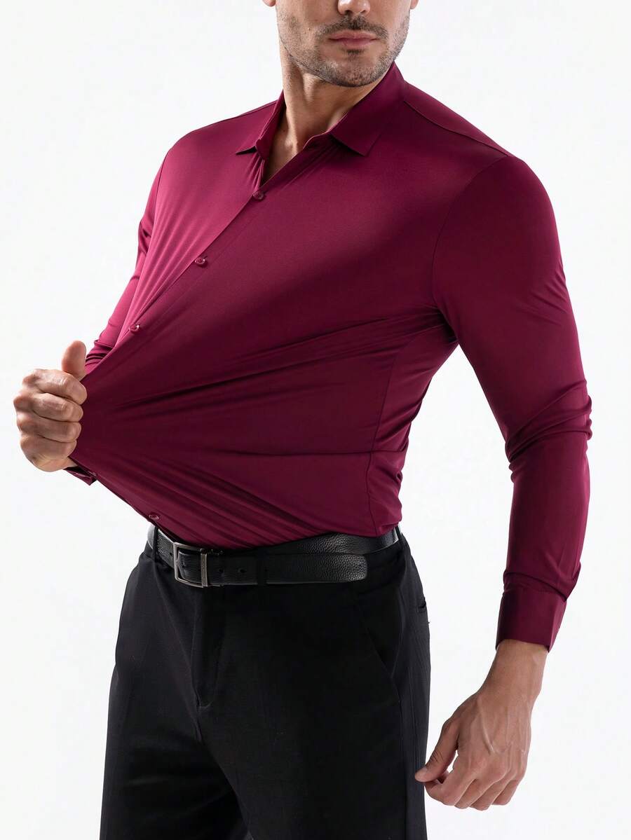 Traceless Knitted High-Elastic Iron-Free Men's Shirt Long-Sleeved Plain Top Stretch Ice Silk Business Casual High-End Men's Shirt Material 88% Polyester 12% Spandex Fabric Gram Weight 160g Single-Piece Pack - 酒紅色 - 查看 1