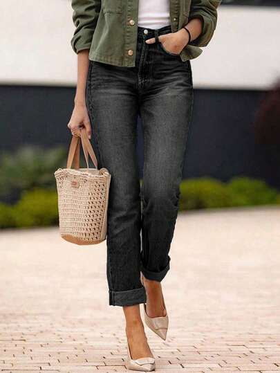 Vintage Distressed Stretch Cat Whisker Rolled Hem Slant Pocket Straight Leg Cropped Jeans Casual Black Spring