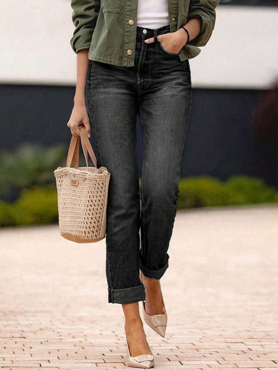 复古做旧弹力猫须卷边斜插口袋直筒九分牛仔裤，休闲黑色，春季款 - 黑色 - 查看 1