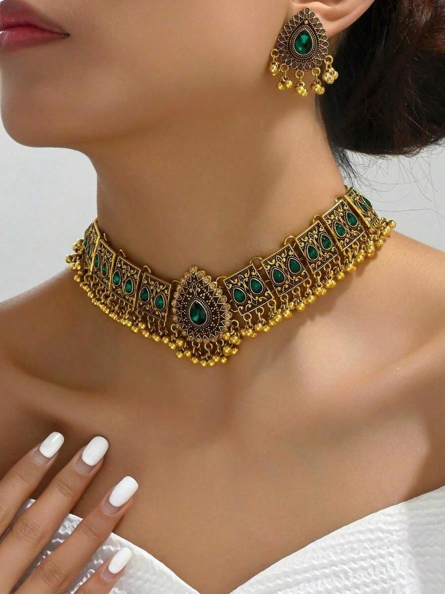 1pc Peacock Wing Crystal Teardrop Necklace And 1 Pair Vintage Drop Pearl Earrings, Exaggerated Women Jewelry Set - Bronze - View 1