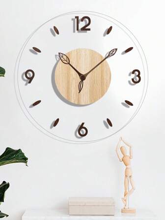 1 Pc, Circular Transparent Simple Wall Clock, Creative Wood Grain Leaf Pointer Clock, Silent Wall Clock, No Ticking Sound, Very Suitable For Living Room, Bedroom, Kitchen, Office And Holiday Decoration Room Decor Clock Wall Bedroom Decor Dormitory Decor Back To School School Decor School Surprise Home Decor School Supplies