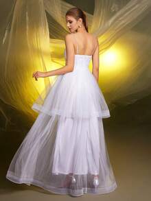 White Spaghetti Strap Sequin & Beaded Net Patchwork Wedding Dress Gown - White - View 7
