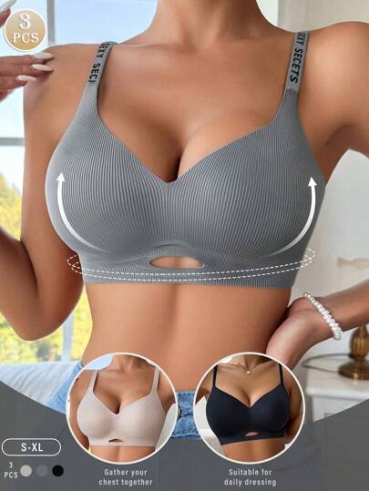 3pcs Casual & Comfortable Women's Lingerie Set, Minimalist Wire-Free Push-Up Bras With Breathable Fabric