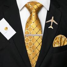 1/2/3/4/5 件男士金色格子真丝领带套装，格纹缎面真丝领带，口袋巾，袖扣，银色领带夹和各种别针（星星，飞机，音符，闪电），男士的理想礼物，适用于婚礼，商务，正式，约会之夜，宴会，婚纱摄影，毕业典礼 - 金色 - 查看 1