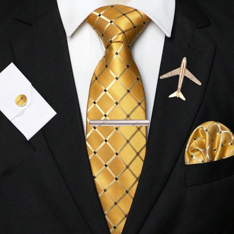 1/2/3/4/5 件男士金色格子真丝领带套装，格纹缎面真丝领带，口袋巾，袖扣，银色领带夹和各种别针（星星，飞机，音符，闪电），男士的理想礼物，适用于婚礼，商务，正式，约会之夜，宴会，婚纱摄影，毕业典礼 - 金色 - 查看 1