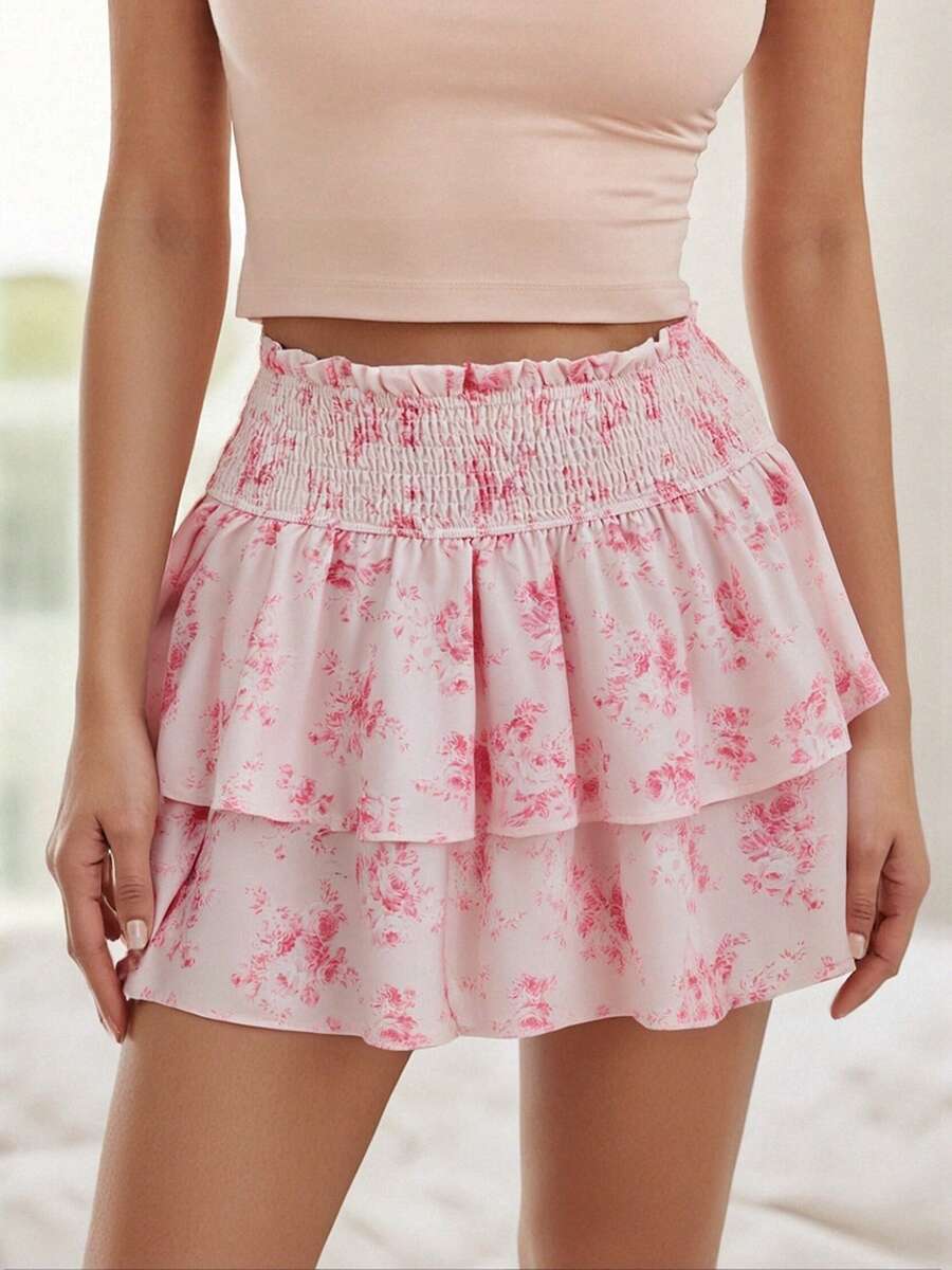 Pink Floral Boho Mini Skirt For Women Tiered Layered Polyester Skirt With Shirred Detail And Ruffle Hem - 粉色 - 查看 1