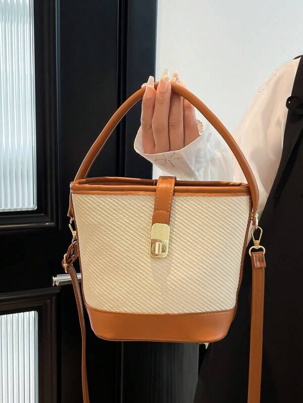 New Fashion Women Handbag, PU Patchwork Contrasting Color Lock Closure Large Capacity Bucket Bag, Tote Bag, Minimalist Chic Versatile Cute Sweet Elegant Dignified Shoulder Bag With Detachable And Adjustable Strap