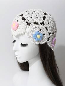 1 件女士春夏手工钩针网眼花卉镂空复古优雅透气薄针织帽，手工针织头带无檐小便帽，时尚 - 針織帽 - 查看 17