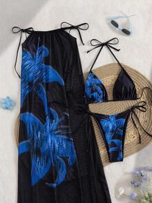 3pcs/Set Women's Summer Halter Strap Floral Print Skirt And Bikini Swimwear - Multicolor - View 2