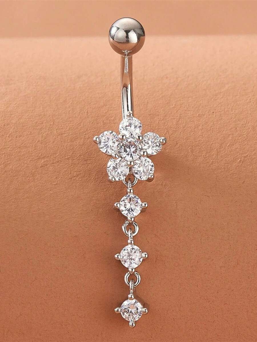 1pc Clover Dual Zirconia Flower Navel Ring, Titanium Alloy Hollow Ball Belly Button Piercing With 3A Zirconia - Silver - View 1