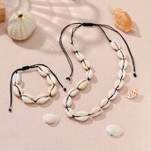 2pcs Seashell Bracelet & Necklace Set, Boho Style Woven Choker - Beige - View 3