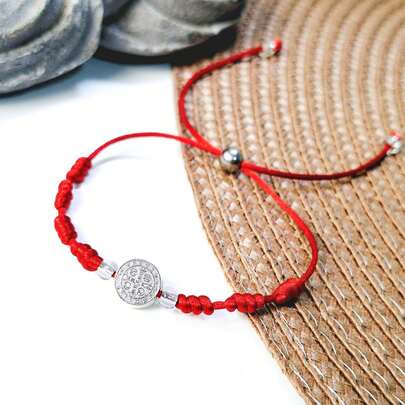 Pulseira ajustável medalha de São Bento 7 nós vermelha dupla-face - Proteção total - Delicada fio fino 1mm