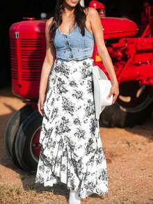 Acelitt Vestido largo bohemio de talle alto con volantes y abertura en el bajo, color azul cielo, para verano - Negro - Ver 3