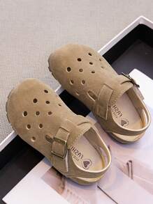 1 Pair New Summer Girls Solid Color Flat Sandals, Retro Chic Roman Strap Decor, Perforated Design, Breathable & Comfortable For Girls Aged 3-12 To Go Out Shopping Or Parties