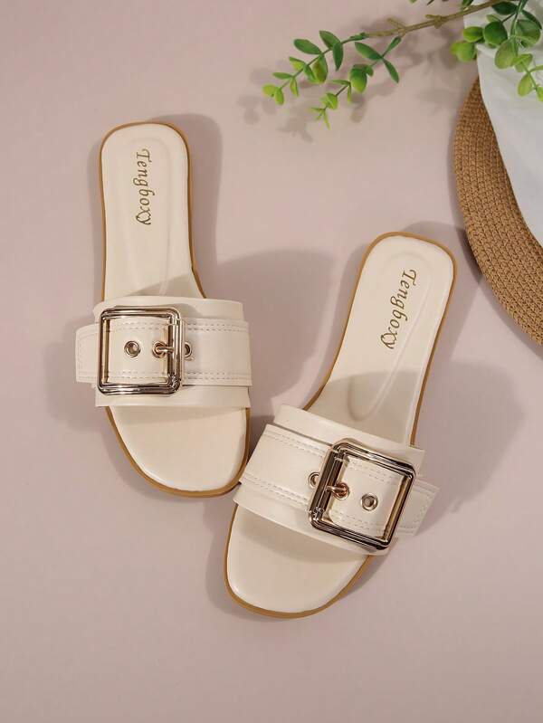 New Women Fashion Preppy College Punk Style Buckle Strap Flat Sandals, Versatile Casual Outdoor Wear