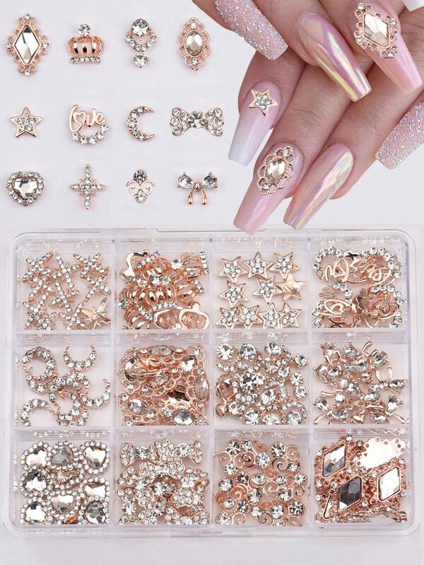 1 Juego de 120 piezas de charms de cristal de rinosteros dorados rosa para uñas, piedras metálicas doradas 3D brillantes, joyas para uñas negras, accesorios para decoración de uñas acrílicas largas y cortas, kit de decoración de manicura para Y2K