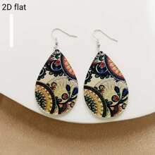 2D Flat Design. A Pair Of Teardrop - Shaped Earrings With Bohemian - Style Colorful Wavy Patterns And Blue - And - White Porcelain Patterns, Incorporating Elements Of Oil Paintings. Suitable For Parties And Music - Themed Occasions.