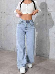 Teen Girls' Fashionable Versatile Solid Color Pocketed Denim Wide Leg Pants